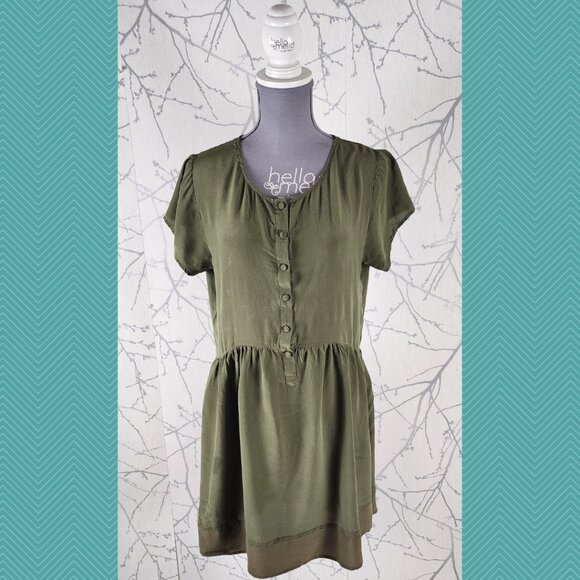 Sitka Olive Green 100% Silk Button Popover Flowy A-Line Dress - Picture 1 of 4